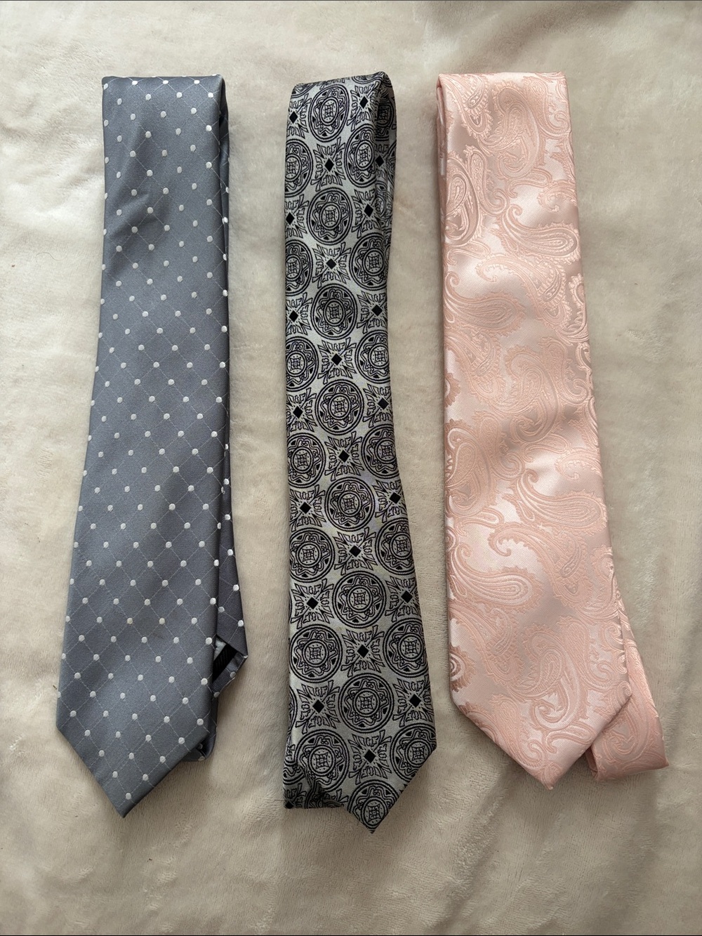 Men's Necktie Set — Gray, Silver-Pattern, and Light Pink Paisley